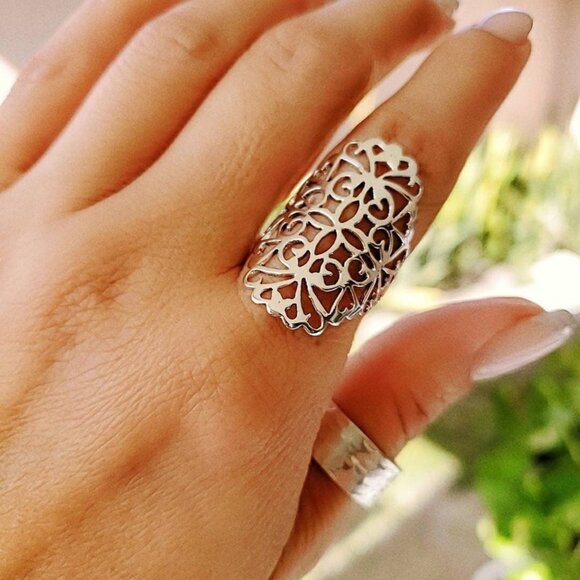 Sterling Silver Shield Ring, Silver Women Ring, Statement Ring, Bali Boho, - Picture 1 of 6